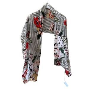 NWT Max Studio Floral Gray White Red Silk Scarf One SZ #1241
